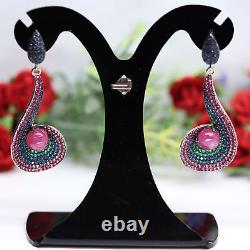 NATURAL 8 mm. CABOCHON RED RUBY & FANCY CLR CZ EARRINGS 925 STERLING SILVER