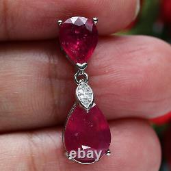 NATURAL 9 X 11 5 X 9 mm. PEAR CUT RED RUBY & WHITE CZ PENDANT 925 SILVER