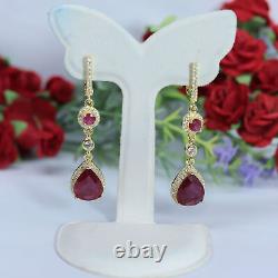NATURAL 9 X 11 mm. PEAR CUT RED RUBY & WHITE CZ EARRINGS 925 STERLING SILVER