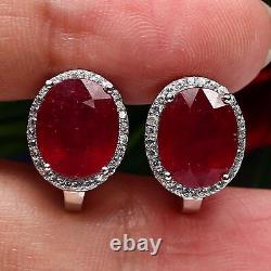 NATURAL 9 X 11 mm. RED RUBY & WHITE CZ EARRIGNS 925 STERLING SILVER