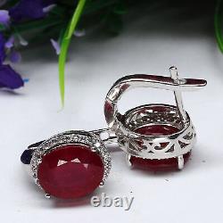 NATURAL 9 X 11 mm. RED RUBY & WHITE CZ EARRIGNS 925 STERLING SILVER