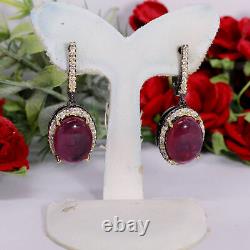 NATURAL 9 X 12 mm. CABOCHON RED RUBY & WHITE CZ EARRINGS 925 STERLING SILVER