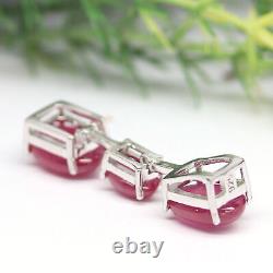 NATURAL 9 X 13 mm. CABOCHON RED RUBY & WHITE CZ LONG PENDANT 925 STERLING SILVER