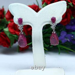 NATURAL 9 X 14 5 X 7 mm. RED RUBY & WHITE CZ EARRINGS 925 STERLING SILVER