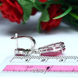 NATURAL 9 X 14 5 X 7 mm. RED RUBY & WHITE CZ EARRINGS 925 STERLING SILVER