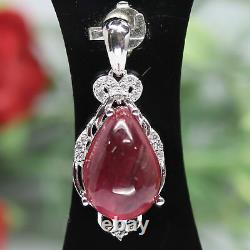 NATURAL 9 X 14 mm. CABOCHON RED RUBY & WHITE CZ PENDANT 925 STERLING SILVER
