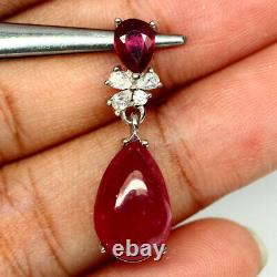 NATURAL 9 X 14mm. PEAR CABOCHON RED RUBY & WHITE CZ PENDANT 925 SILVER STERLING