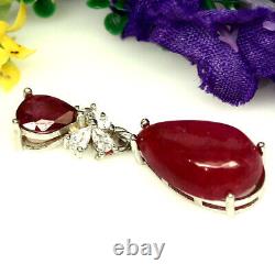 NATURAL 9 X 14mm. PEAR CABOCHON RED RUBY & WHITE CZ PENDANT 925 SILVER STERLING
