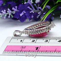 NATURAL 9 X 15 mm. CABOCHON RED RUBY & WHITE CZ PENDANT 925 STERLING SILVER