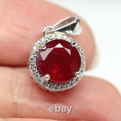 NATURAL 9 mm. ROUND CUT BLOOD RED RUBY & WHITE CZ PENDANT 925 STERLING SILVER