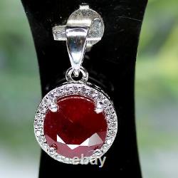 NATURAL 9 mm. ROUND CUT BLOOD RED RUBY & WHITE CZ PENDANT 925 STERLING SILVER