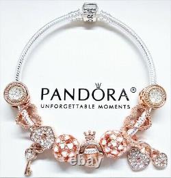 NEW Pandora Silver Bracelet ROSE GOLD CROWN VALENTINE HEART European Charms. BOX