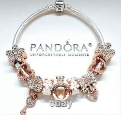 NEW Pandora Silver Bracelet ROSE GOLD CROWN VALENTINE HEART European Charms. BOX