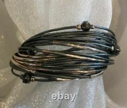 NEW SILPADA B2143 Sterling Silver Hematite Glass Grey Leather Bracelet