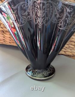 National Glass Co. Vase Black Glass Sterling Silver Overlay Art Nouveau 1900s