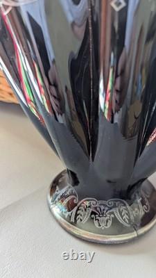 National Glass Co. Vase Black Glass Sterling Silver Overlay Art Nouveau 1900s