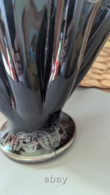 National Glass Co. Vase Black Glass Sterling Silver Overlay Art Nouveau 1900s