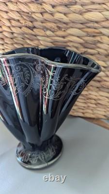 National Glass Co. Vase Black Glass Sterling Silver Overlay Art Nouveau 1900s