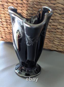 National Glass Co. Vase Black Glass Sterling Silver Overlay Art Nouveau 1900s
