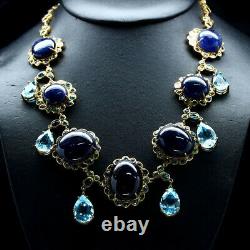 Natural Blue Sapphire, Sky Blue Topaz, Zirocn & Tanzanite Necklace 925 Silver
