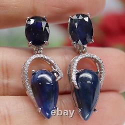 Natural Blue Sapphire & White Cz Drop Earrings 925 Sterling Silver