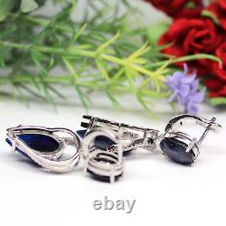 Natural Blue Sapphire & White Cz Drop Earrings 925 Sterling Silver