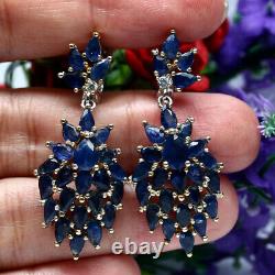 Natural Blue Sapphire & White Cz Long Earrings 925 Sterling Silver