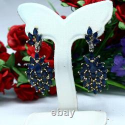 Natural Blue Sapphire & White Cz Long Earrings 925 Sterling Silver