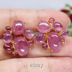 Natural Cabochon Red With Pink Ruby Stud Earrings 925 Sterling Silver