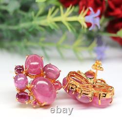 Natural Cabochon Red With Pink Ruby Stud Earrings 925 Sterling Silver