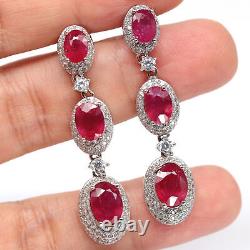 Natural Oval Blood Red Ruby & White Cz Long Earrings 925 Sterling Silver
