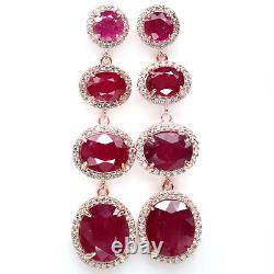 Natural Oval Red Ruby & White Cz Long Earrings 925 Sterling Silver