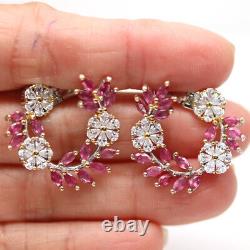 Natural Pink Ruby & White Cz 925 Sterling Silver Earrings