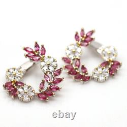 Natural Pink Ruby & White Cz 925 Sterling Silver Earrings