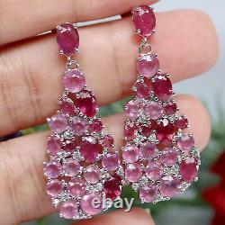 Natural Pink With Red Ruby & White Cz Long Earrings 925 Sterling Silver