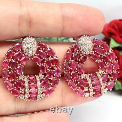 Natural Red Ruby & Whie Cz Earrings 925 Sterling Silver