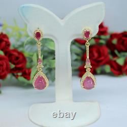 Natural Red Ruby & White Cz Drop Earrings 925 Sterling Silver
