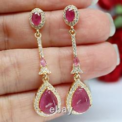 Natural Red Ruby & White Cz Drop Earrings 925 Sterling Silver