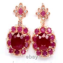 Natural Red Ruby & White Cz Earrings 925 Sterling Silver Rose Gold Plated