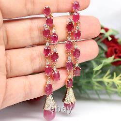 Natural Red Ruby & White Cz Long Earrigns 925 Sterling Silver