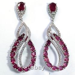 Natural Red Ruby & White Cz Long Earrings 925 Sterling Silver