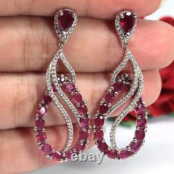 Natural Red Ruby & White Cz Long Earrings 925 Sterling Silver