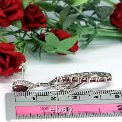 Natural Red Ruby & White Cz Long Earrings 925 Sterling Silver