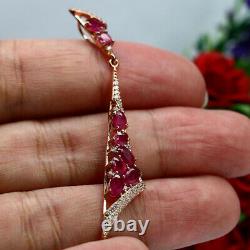 Natural Red Ruby & White Cz Long Pendant 925 Sterling Silver