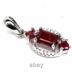 Natural Red Ruby & White Cz Pendant 925 Sterling Silver White Gold Plated