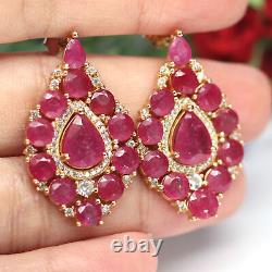 Natural Red Ruby & White Cz Stud Earrigns 925 Sterling Silver