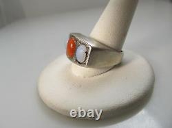 Neat Vintage Handmade Sterling Silver Ring Natural Red Coral Opal Glass Antique