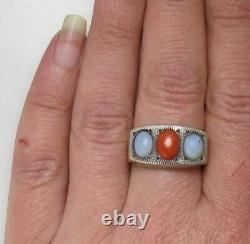 Neat Vintage Handmade Sterling Silver Ring Natural Red Coral Opal Glass Antique