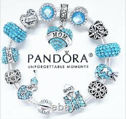 New Authentic Pandora Silver Bracelet With Blue Mom Love Family European Charms