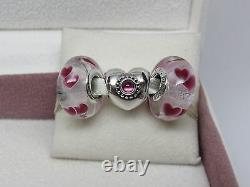 New withBox Pandora Set of 3 Charms Treasured & Wild Hearts Glass Love Romance